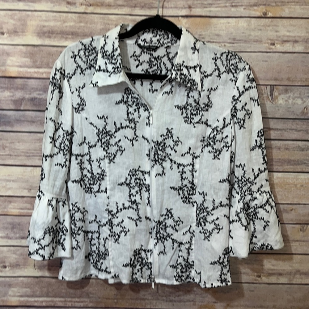 Samuel Dong Linen Jacket Shirt White with Black Embroidery Size Large D3